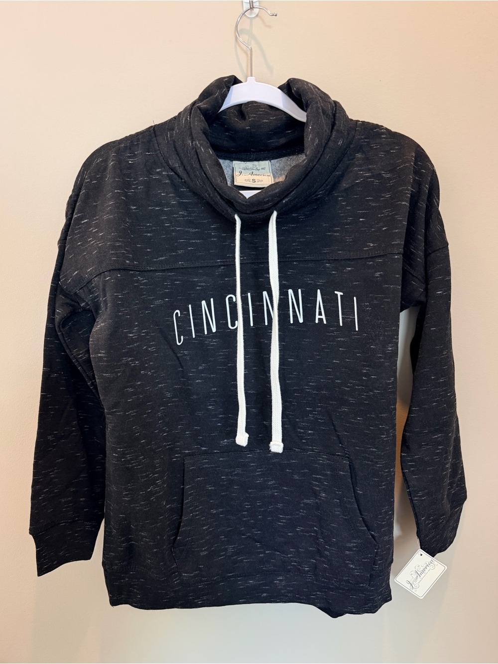 J. America Cincinnati Cowl Neck Hoodie in Black Heather, Size S NWT